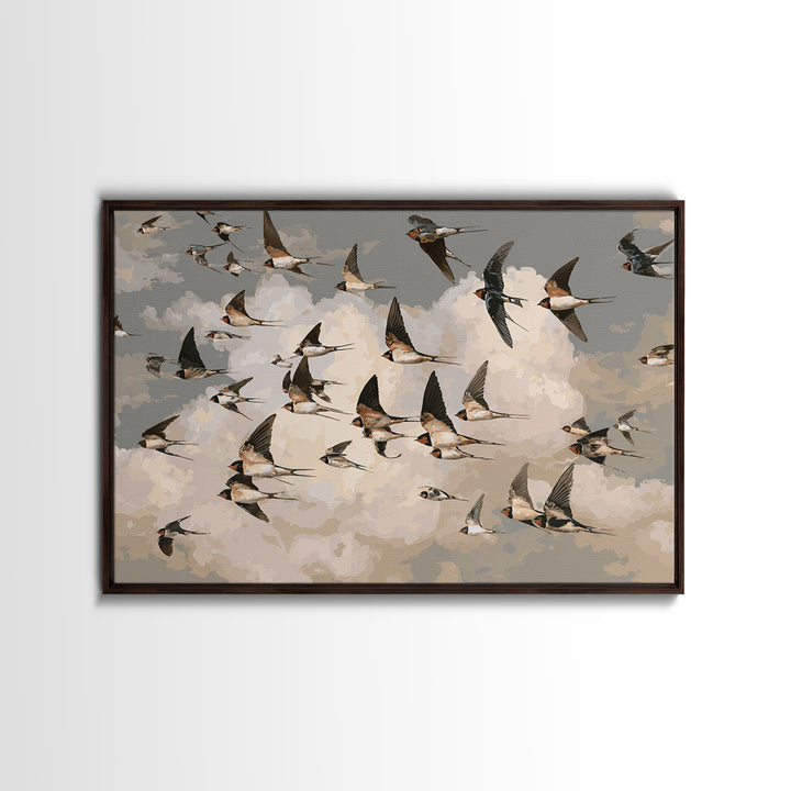 Flock of Swallows Sweeping Across Open Sky Framed Canvas Print, Bird Art, Nature Prints, Living Room Decor, Oil Painting, BIR-3x2-82