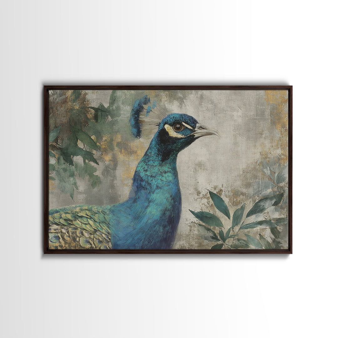 Peacock with Jewel Tone Feather Pattern Canvas Print, Bird Art, Wall Art, Living Room Decor, Flight, Japanese Wall Art, BIR-3x2-83
