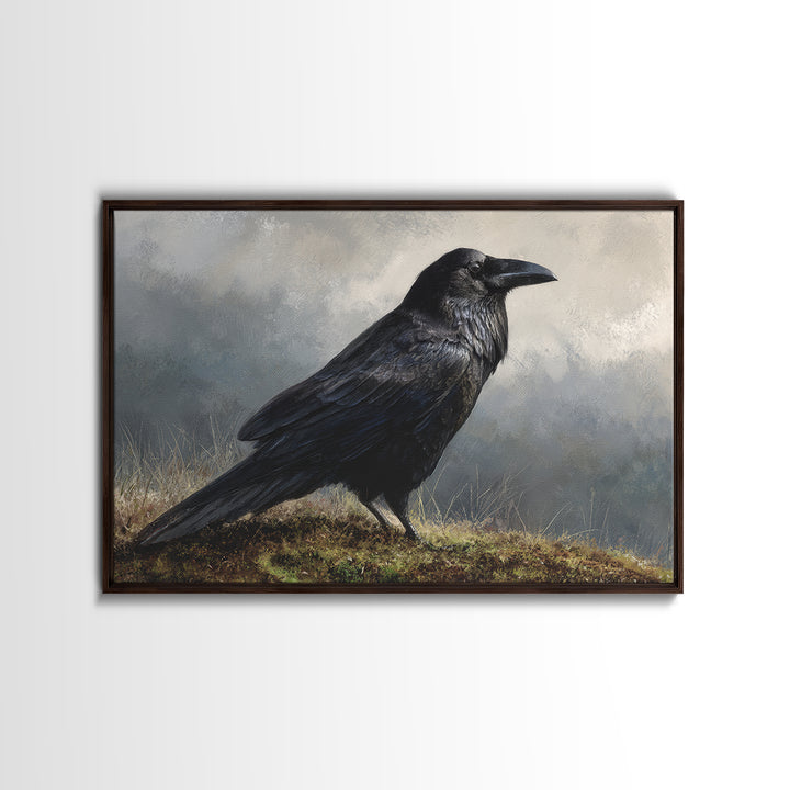 Raven Silhouette with Gothic Atmosphere Framed Canvas Print, Bird Art, Nature Wall Art, Living Room Decor, Fine Art, Flight, BIR-3x2-85
