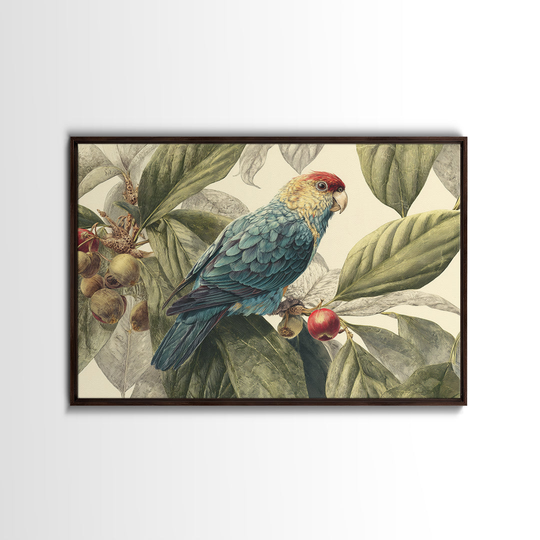 Parrot Among Tropical Leaves and Fruit Canvas Print, Bird Art, Rustic Home Decor, Living Room Decor, Oil Painting, Flight, BIR-3x2-89