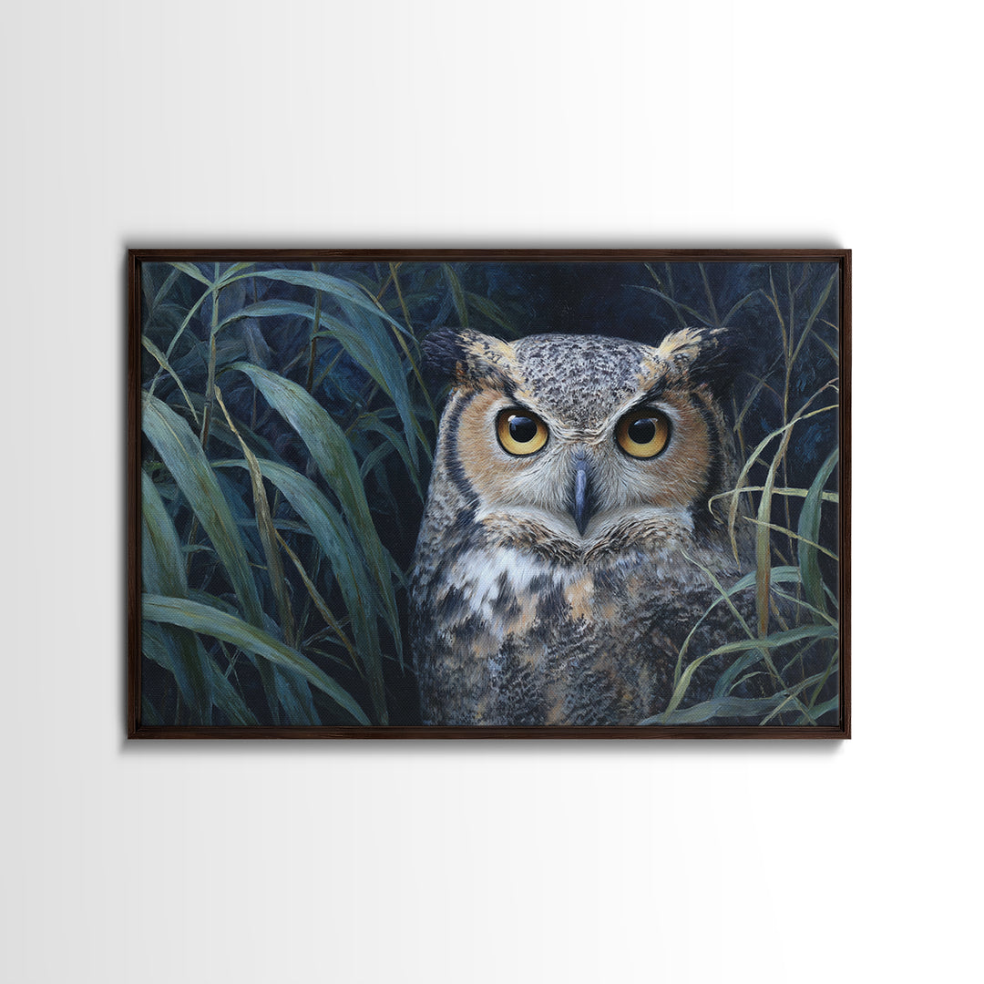 Owl Portrait with Wise Golden Eyes Framed Canvas Print, Bird Art, Boho Wall Decor, Living Room Decor, Fine Art, Flight, BIR-3x2-9