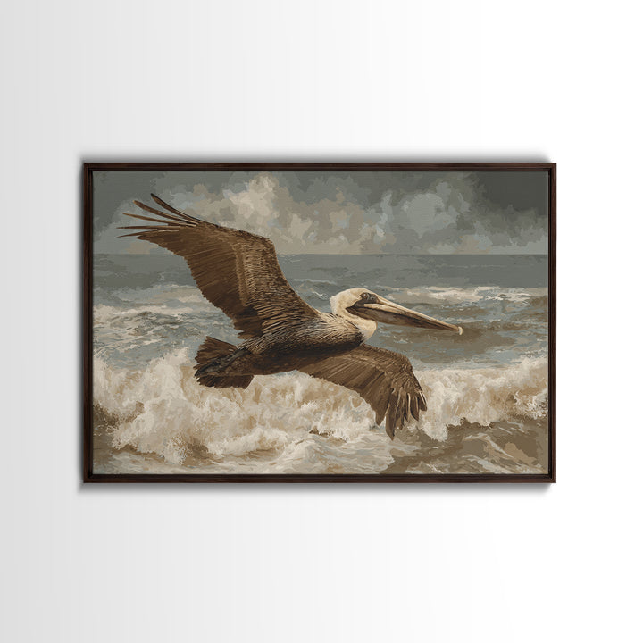 Pelican Flying over Coastal Waves Canvas Print, Bird Art, Bird Prints, Living Room Decor, Abstract Art, Flight, Modern Decor, BIR-3x2-94