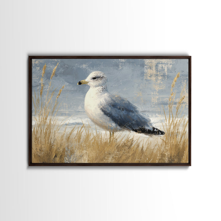 Seagulls Above a Pale Beach Horizon Framed Canvas Print, Bird Art, Art Print, Living Room Decor, Fine Art, Flight, Original Art, BIR-3x2-96