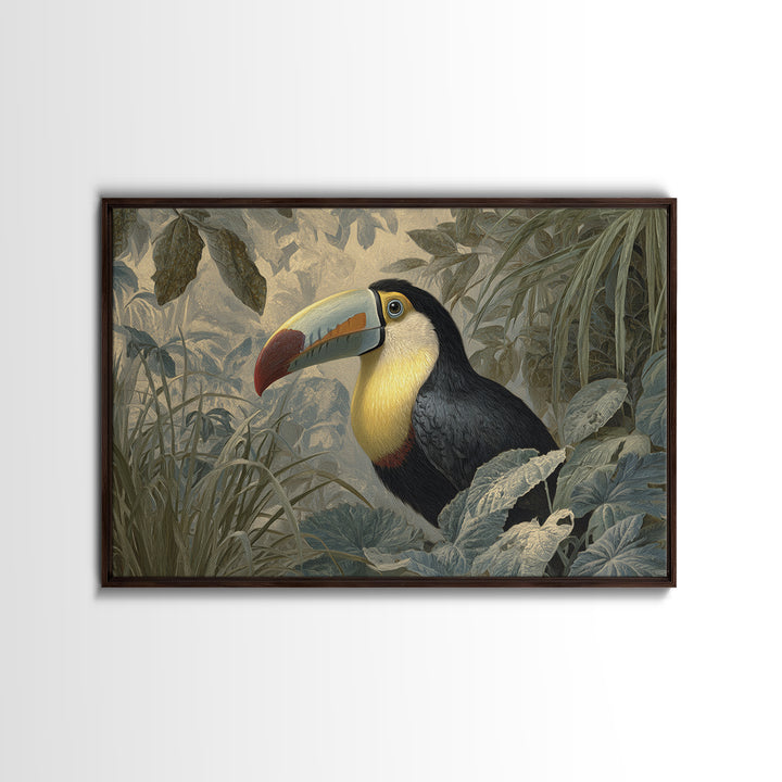 Toucan Framed by Bold Jungle Foliage Framed Canvas Print, Bird Art, Minimalist Decor, Living Room Decor, Fine Art, Flight, BIR-3x2-99