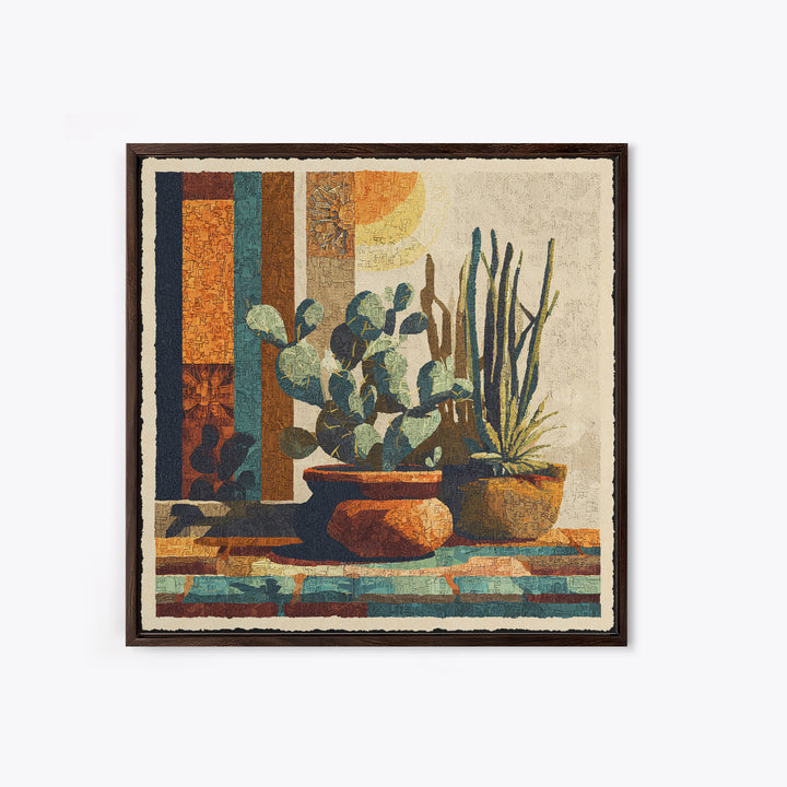 Desert Sun with Cactus and Warm Clay Framed Canvas Print, Boho Art, Textured Painting, Living Room Decor, Fine Art, Bohemian, BOH-1x1-1