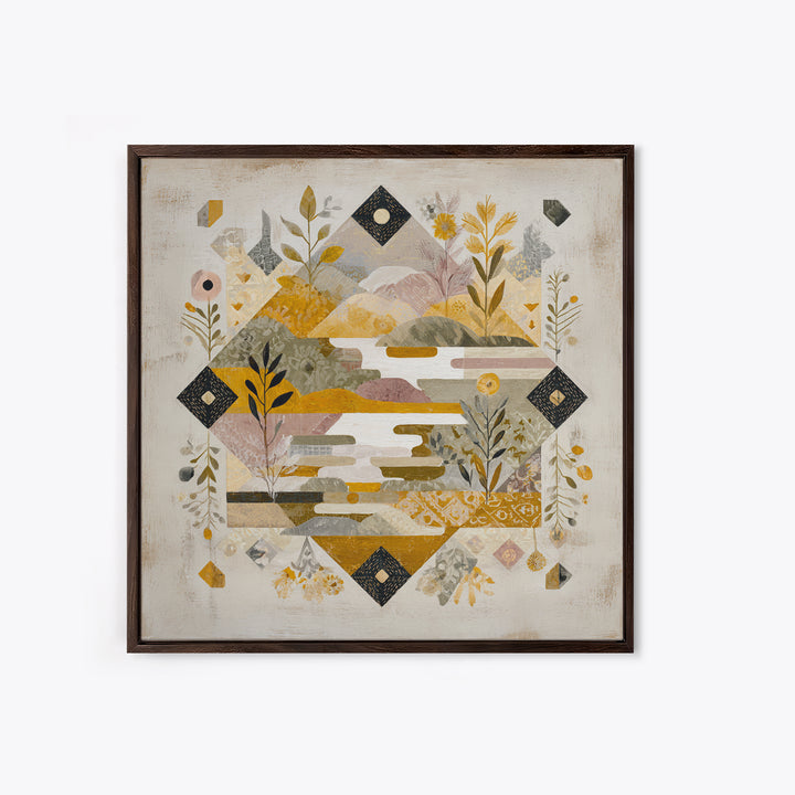 Earth Tone Mountain and River Abstraction Framed Canvas Print, Boho Art, Art Nouveau, Living Room Decor, Fine Art, Bohemian, BOH-1x1-11