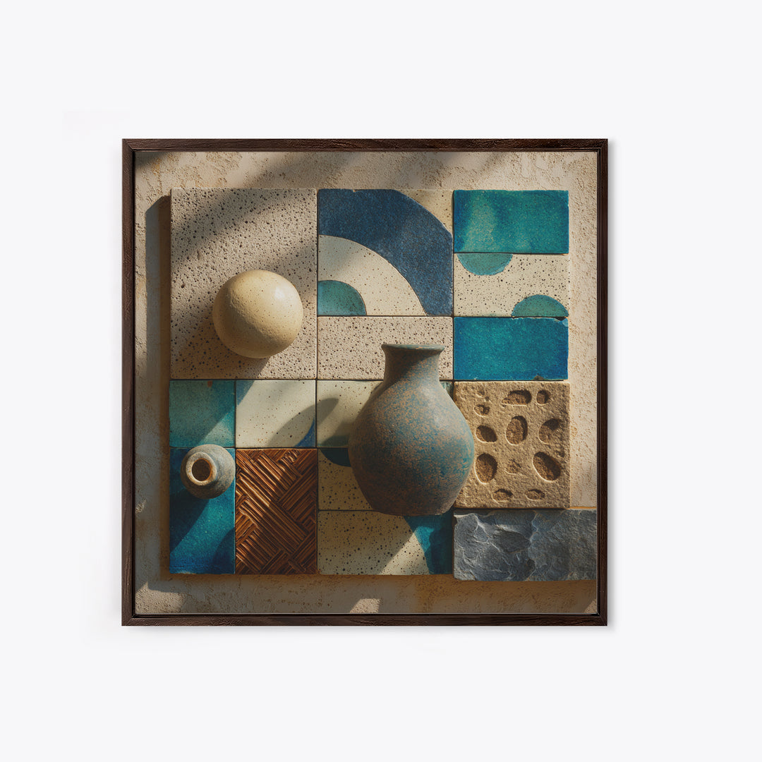 Abstract Clay Shapes Framed Canvas Print, Boho Art, Art Nouveau, Living Room Decor, Abstract Art, Bohemian, Wall Print, BOH-1x1-16