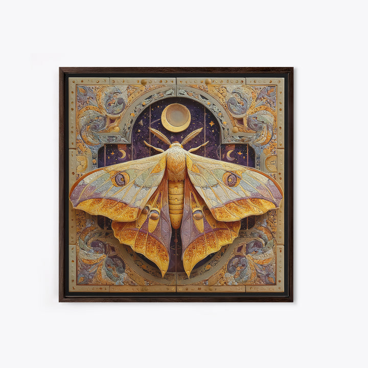 Golden Moth with Moon and Stars Canvas Print, Boho Art, Luxury Decor, Living Room Decor, Fine Art, Bohemian, Digital Art, BOH-1x1-17
