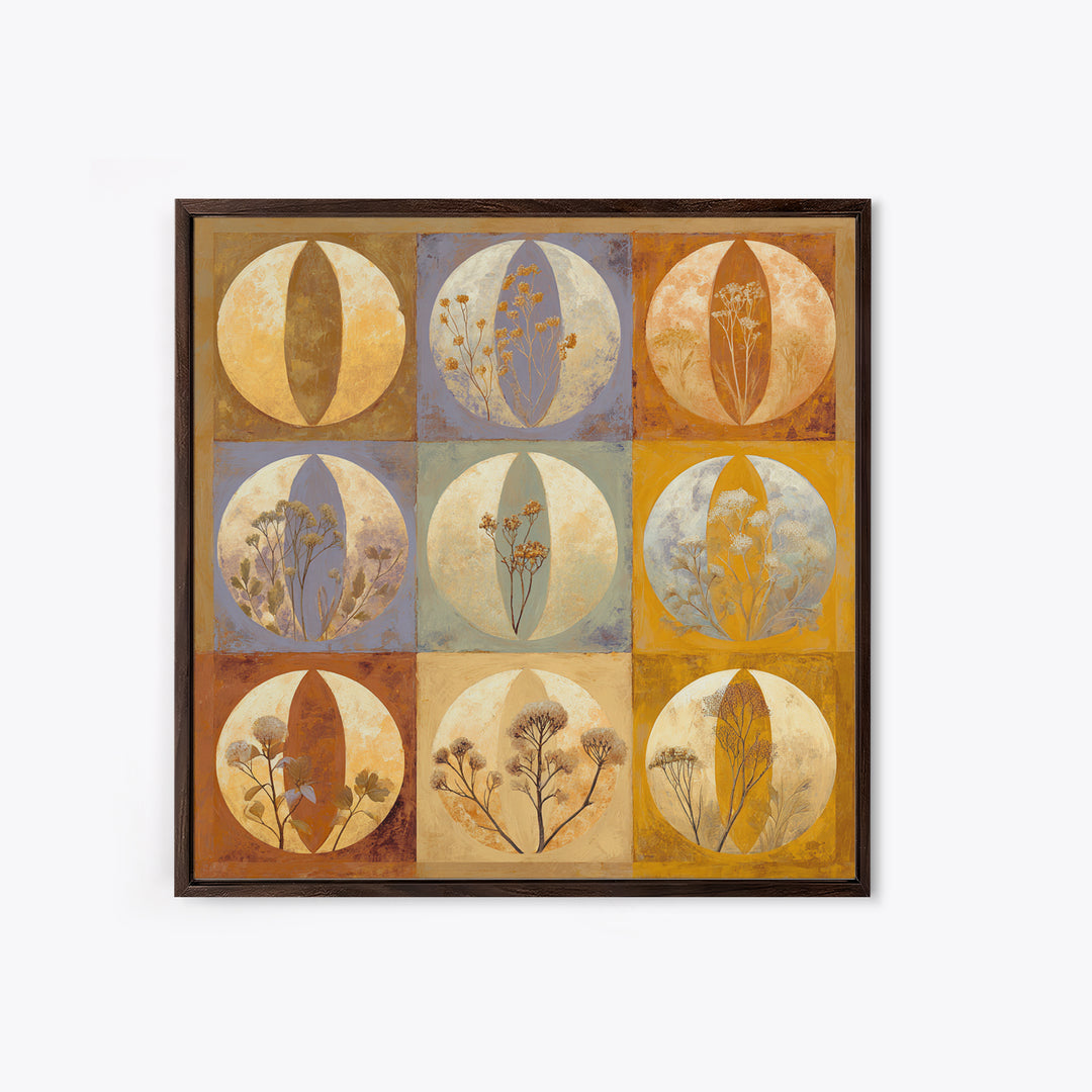 Moon Phases Above Botanical Silhouettes Framed Canvas Print, Boho Art, Boho Decor, Living Room Decor, Oil Painting, Bohemian, BOH-1x1-2