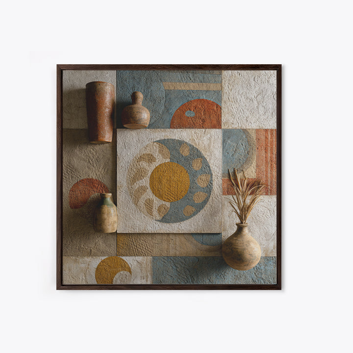 Sun and Moon Celestial Folk Motif Framed Canvas Print, Boho Art, Fine Art Print, Living Room Decor, Watercolor Art, Bohemian, BOH-1x1-34