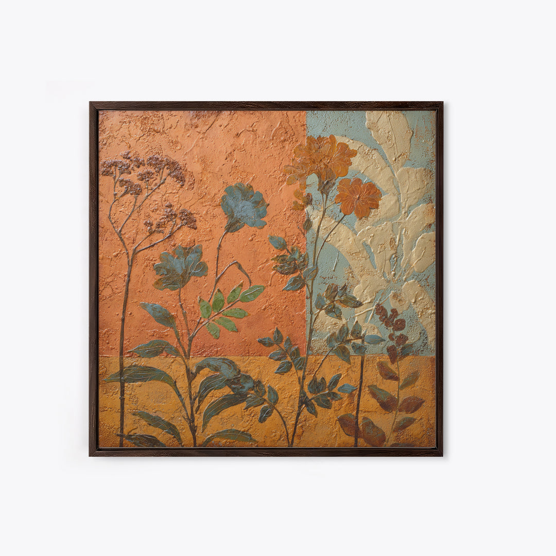 Burnt Orange Floral Field at Sunset Framed Canvas Print, Boho Art, Contemporary Art, Living Room Decor, Fine Art, Bohemian, BOH-1x1-37