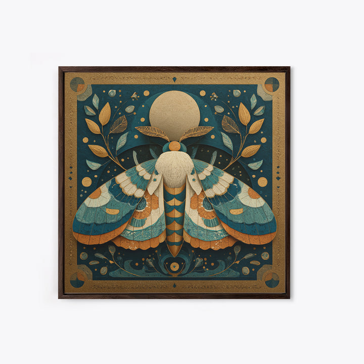 Golden Moth with Moon and Stars Framed Canvas Print, Boho Art, Wall Art, Living Room Decor, Fine Art, Bohemian, Art Deco, BOH-1x1-41
