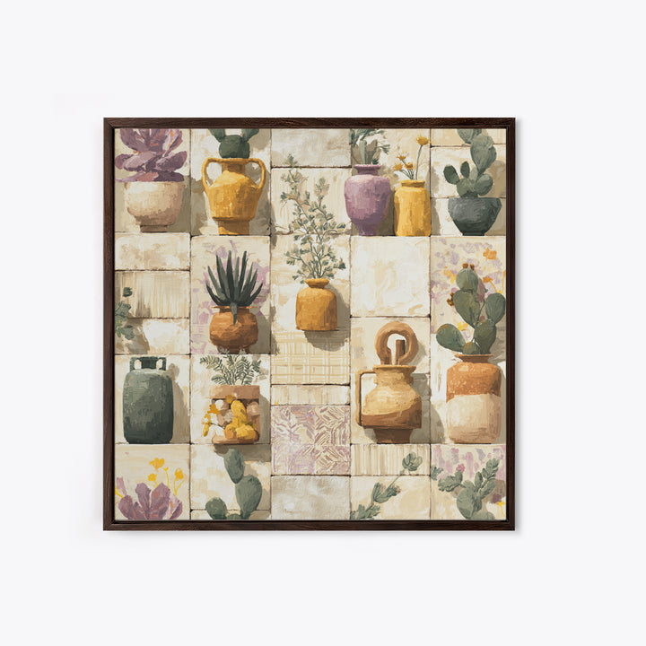Warm Neutral Cactus Garden Illustration Framed Canvas Print, Boho Art, Wall Art Set, Living Room Decor, Fine Art, Bohemian, BOH-1x1-42
