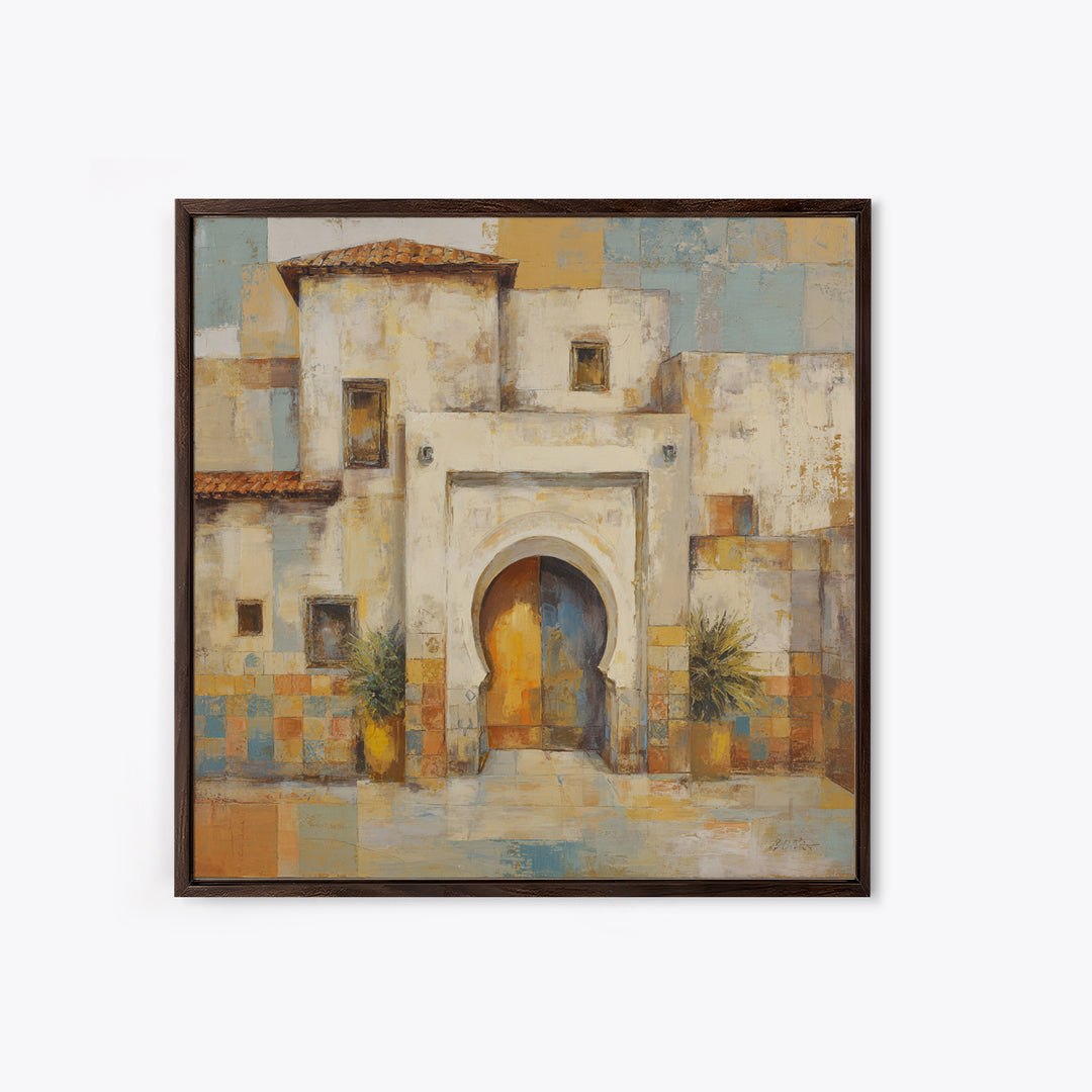 Hand Painted Moroccan Arch Framed Canvas Print, Boho Art, Garden Art, Living Room Decor, Oil Painting, Bohemian, BOH-1x1-43
