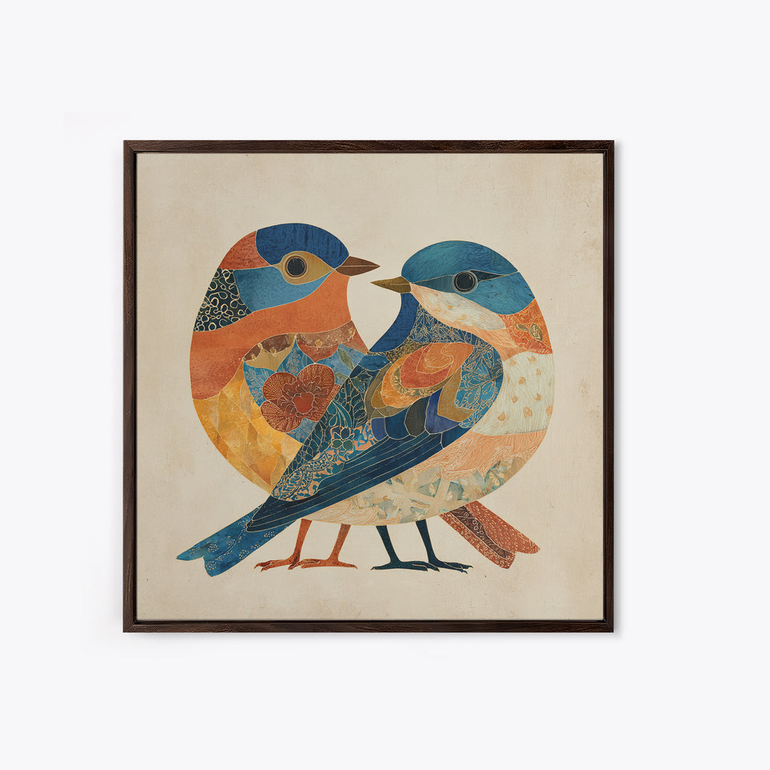 Boho Bird Pair Framed Canvas Print, Boho Art, Digital Wall Art, Living Room Decor, Bohemian, Garden Art, Wall Art Print, BOH-1x1-44