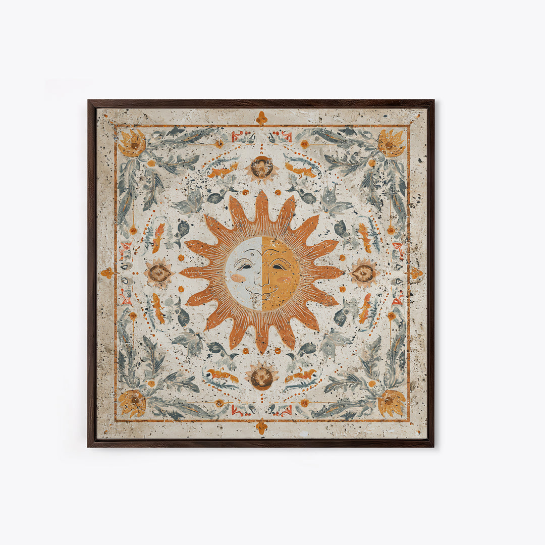Sun and Moon Celestial Folk Motif Framed Canvas Print, Boho Art, Fine Art Print, Living Room Decor, Watercolor Art, Bohemian, BOH-1x1-58
