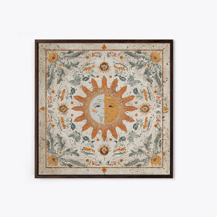 Sun and Moon Celestial Folk Motif Framed Canvas Print, Boho Art, Fine Art Print, Living Room Decor, Watercolor Art, Bohemian, BOH-1x1-58