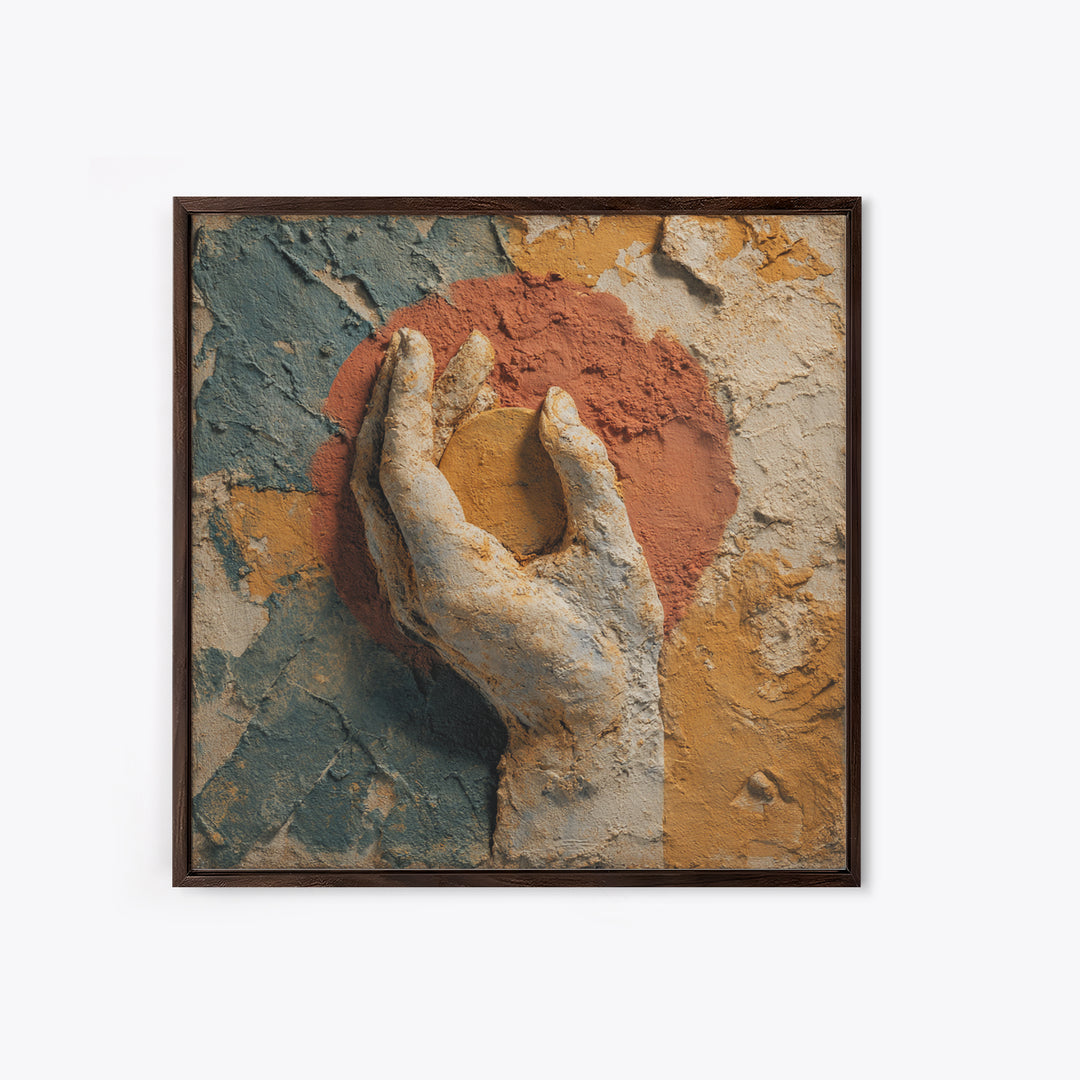Mystic Hand Holding a Tiny Sun Framed Canvas Print, Boho Art, Living Room Wall Art, Living Room Decor, Watercolor Art, Bohemian, BOH-1x1-6