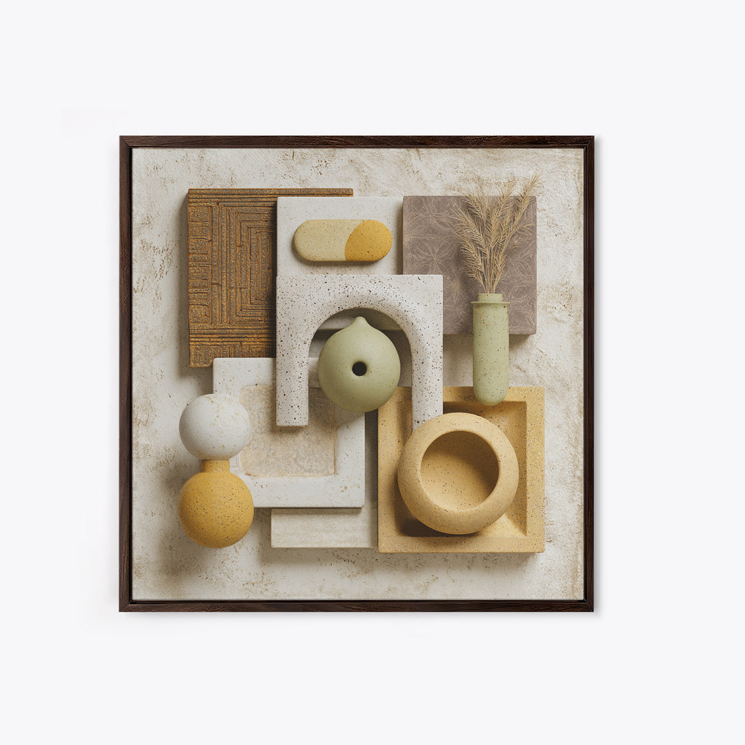 Abstract Clay Shapes Framed Canvas Print, Boho Art, Printable Art, Living Room Decor, Abstract Art, Bohemian, Neutral Decor, BOH-1x1-64
