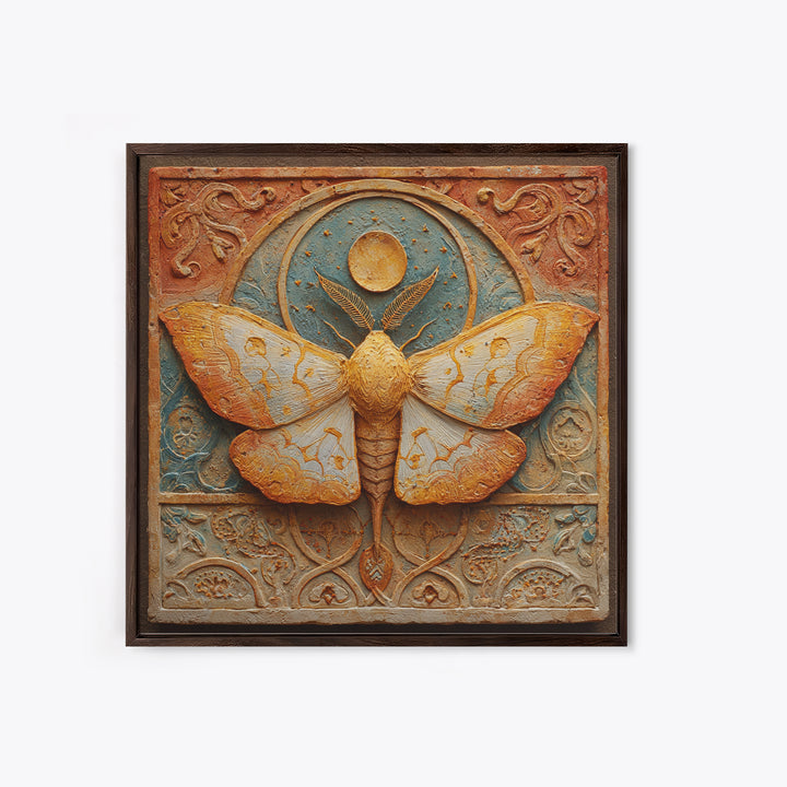 Golden Moth with Moon and Stars Framed Canvas Print, Boho Art, Wall Art, Living Room Decor, Fine Art, Bohemian, Art Deco, BOH-1x1-65