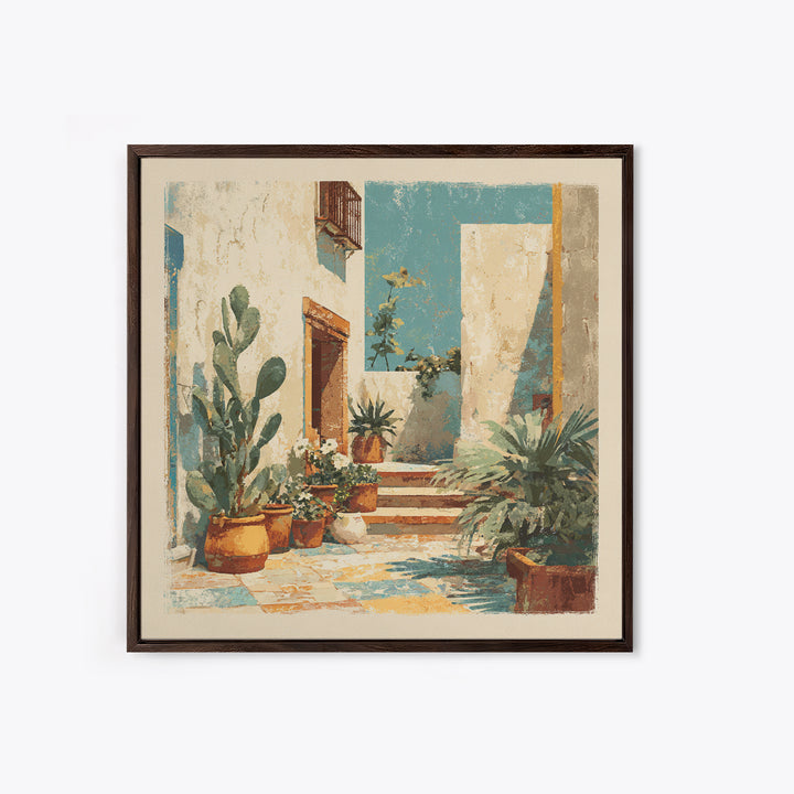 Warm Neutral Cactus Garden Illustration Framed Canvas Print, Boho Art, Wall Art Set, Living Room Decor, Fine Art, Bohemian, BOH-1x1-66