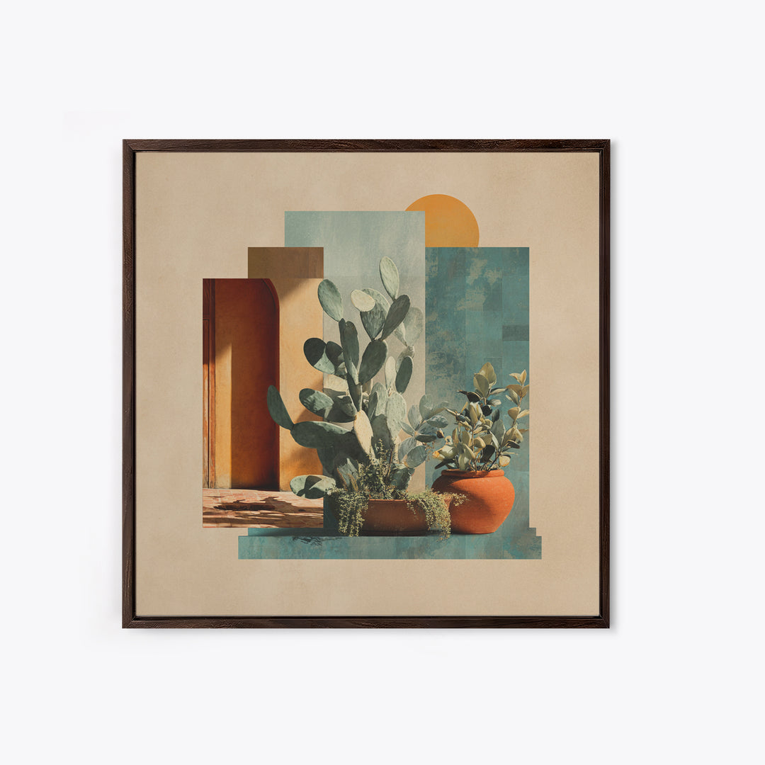 Desert Sun with Cactus and Warm Clay Framed Canvas Print, Boho Art, Printable, Living Room Decor, Watercolor Art, Bohemian, BOH-1x1-73