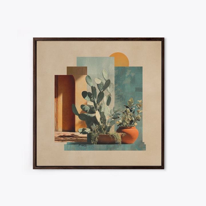 Desert Sun with Cactus and Warm Clay Framed Canvas Print, Boho Art, Printable, Living Room Decor, Watercolor Art, Bohemian, BOH-1x1-73