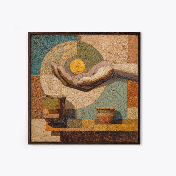 Mystic Hand Holding a Tiny Sun Framed Canvas Print, Boho Art, Textured Painting, Living Room Decor, Fine Art, Bohemian, BOH-1x1-78