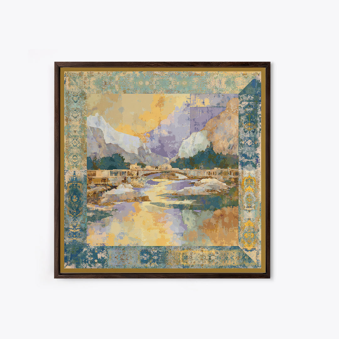 Earth Tone Mountain and River Abstraction Framed Canvas Print, Boho Art, Living Room Decor, Oil Painting, Bohemian, BOH-1x1-83