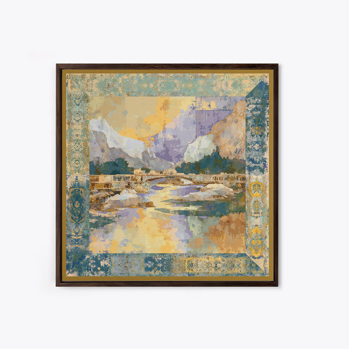 Earth Tone Mountain and River Abstraction Framed Canvas Print, Boho Art, Living Room Decor, Oil Painting, Bohemian, BOH-1x1-83