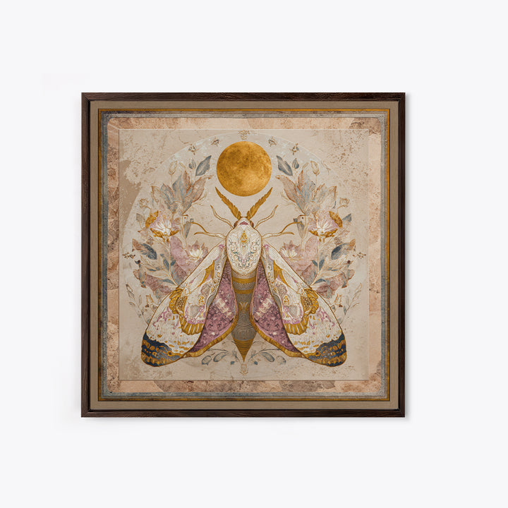Golden Moth with Moon and Stars Canvas Print, Boho Art, Art Print, Living Room Decor, Fine Art, Bohemian, Digital Print, BOH-1x1-89