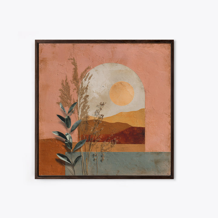 Sunrise over Rolling Dunes in Muted Peach Framed Canvas Print, Boho Art, Digital Art, Living Room Decor, Oil Painting, Bohemian, BOH-1x1-93