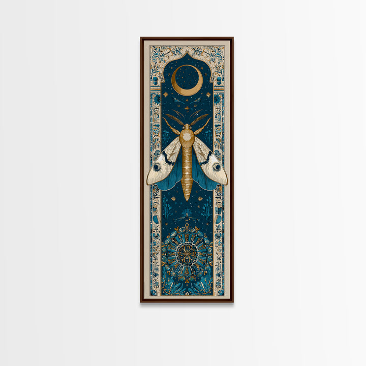 Golden Moth with Moon and Stars Framed Canvas Print, Boho Art, Prints, Living Room Decor, Fine Art, Bohemian, Abstract Art, BOH-1x3-29