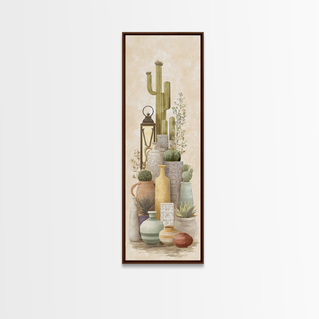 Warm Neutral Cactus Garden Illustration Framed Canvas Print, Boho Art, Fine Art Print, Living Room Decor, Watercolor Art, BOH-1x3-30