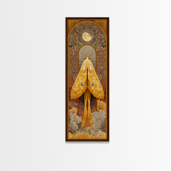 Golden Moth with Moon and Stars Canvas Print, Boho Art, Minimalist Decor, Living Room Decor, Bohemian, Digital Wall Art, BOH-1x3-5
