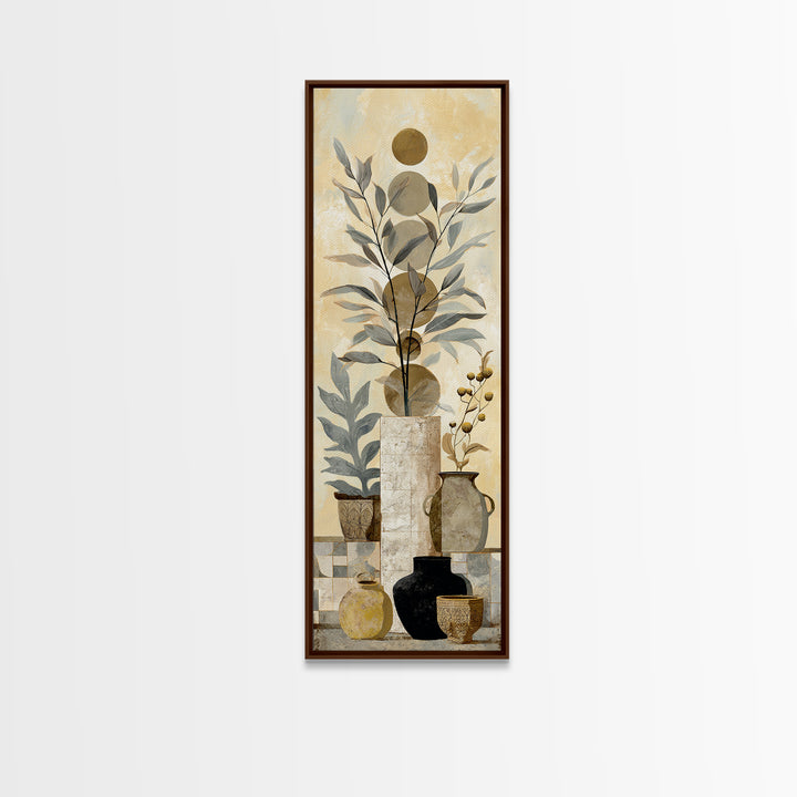 Moon Phases Above Botanical Silhouettes Framed Canvas Print, Boho Art, Living Room Decor, Oil Painting, Bohemian, BOH-1x3-62