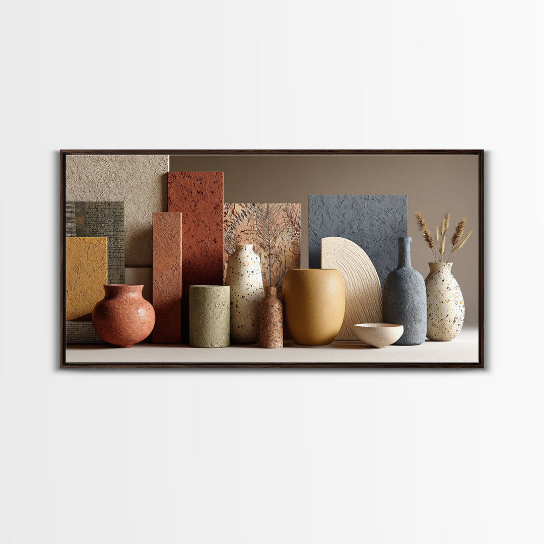 Abstract Clay Shapes Framed Canvas Print, Boho Art, Textured Painting, Living Room Decor, Abstract Art, Bohemian, BOH-2x1-12
