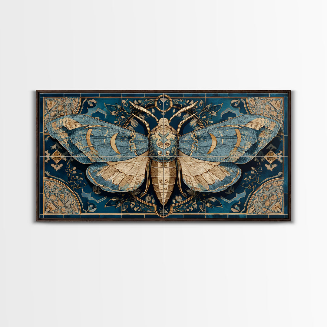 Golden Moth with Moon and Stars Framed Canvas Print, Boho Art, Boho, Living Room Decor, Fine Art, Bohemian, Wall Art Print, BOH-2x1-13