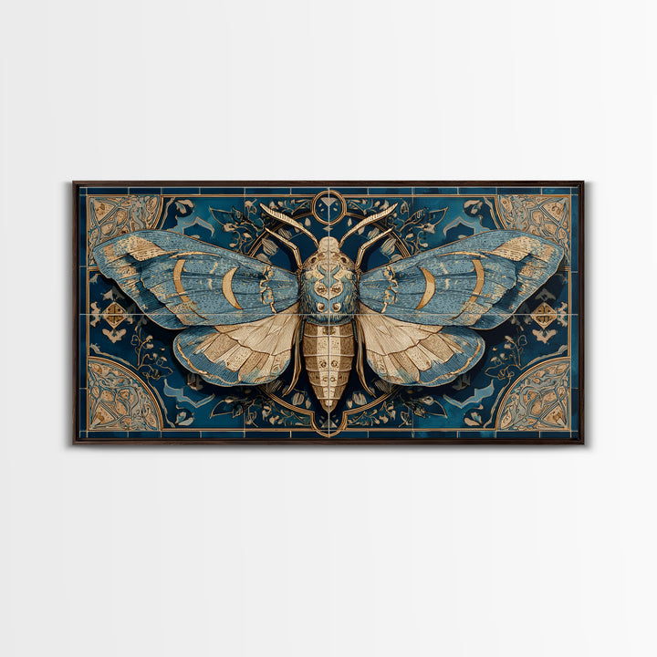 Golden Moth with Moon and Stars Framed Canvas Print, Boho Art, Boho, Living Room Decor, Fine Art, Bohemian, Wall Art Print, BOH-2x1-13