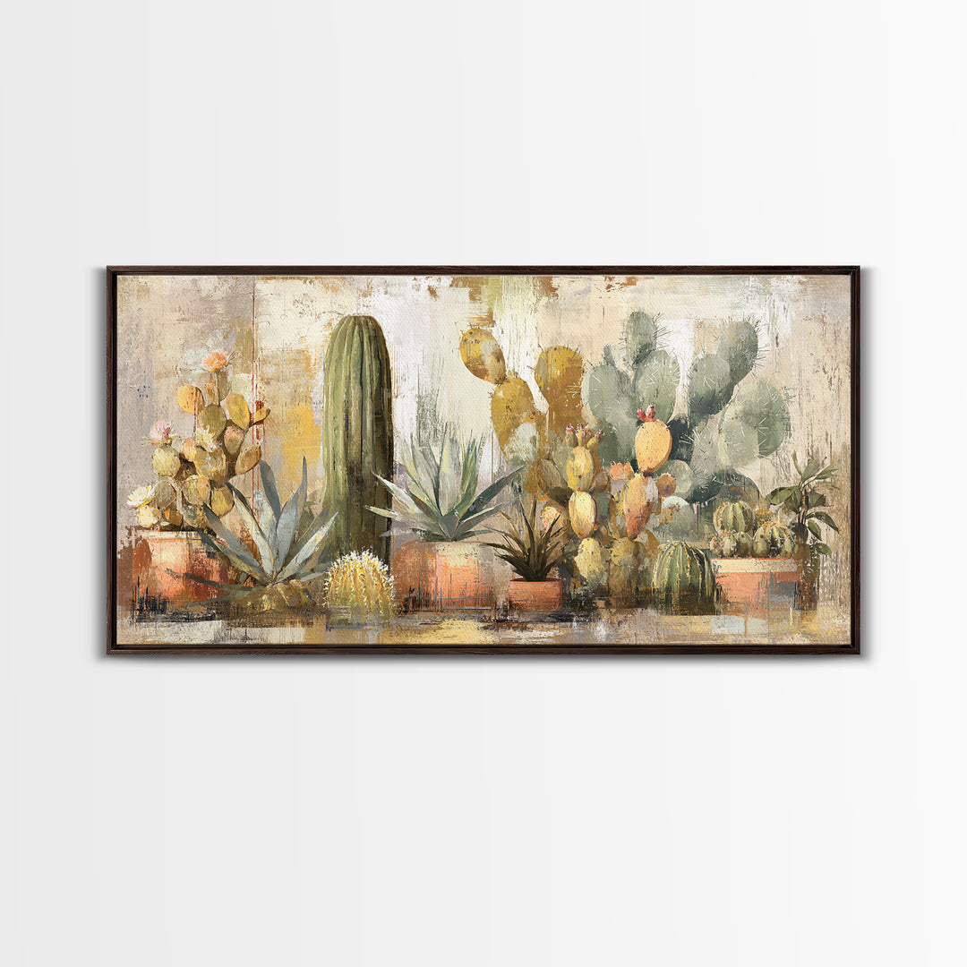 Warm Neutral Cactus Garden Illustration Framed Canvas Print, Boho Art, Living Room Decor, Watercolor Art, Bohemian, BOH-2x1-14