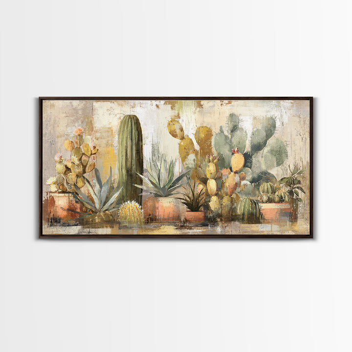 Warm Neutral Cactus Garden Illustration Framed Canvas Print, Boho Art, Living Room Decor, Watercolor Art, Bohemian, BOH-2x1-14