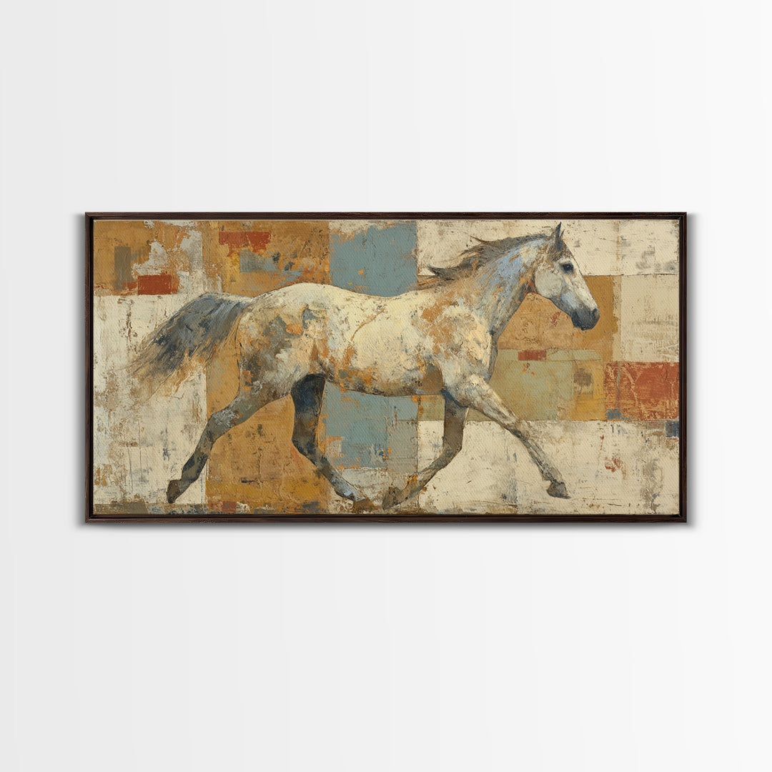 Wild Horse in Dusty Golden Light Framed Canvas Print, Boho Art, Wall Art, Living Room Decor, Fine Art, Bohemian, Art Deco, BOH-2x1-28