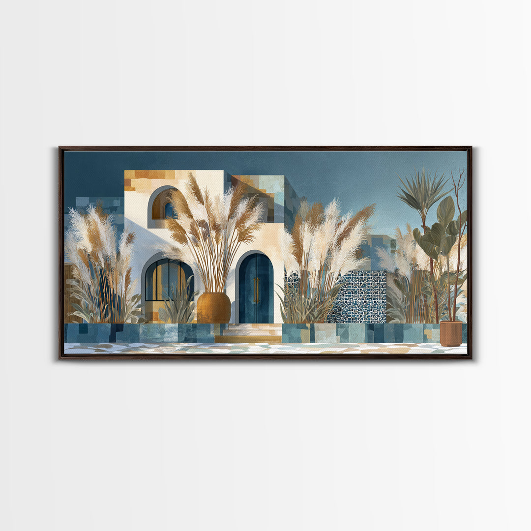 Bohemian Vase with Dried Pampas Grass Framed Canvas Print, Boho Art, Art Nouveau, Living Room Decor, Watercolor Art, Bohemian, BOH-2x1-29
