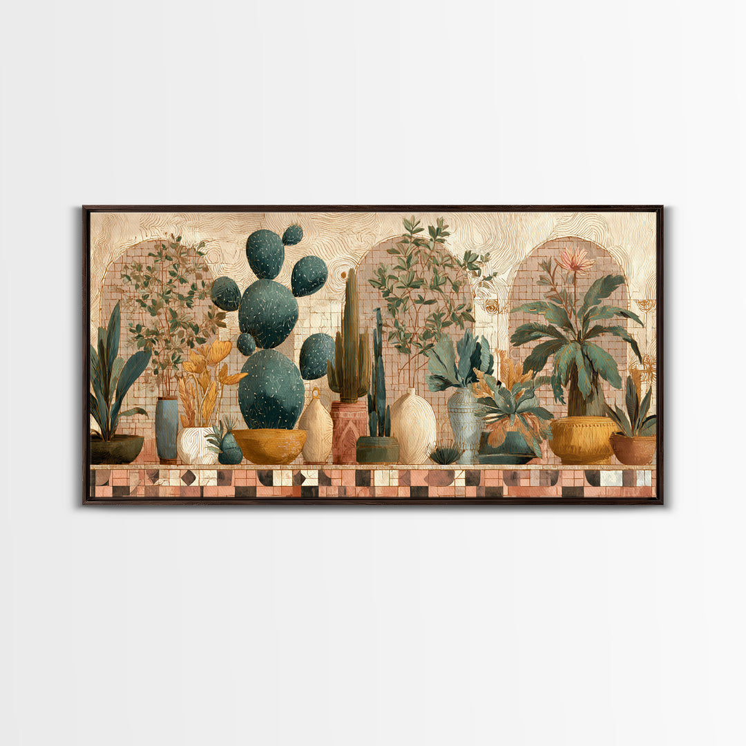 Warm Neutral Cactus Garden Illustration Framed Canvas Print, Boho Art, Living Room Decor, Watercolor Art, Bohemian, BOH-2x1-38