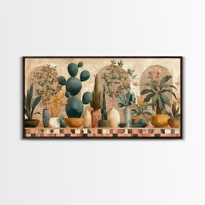 Warm Neutral Cactus Garden Illustration Framed Canvas Print, Boho Art, Living Room Decor, Watercolor Art, Bohemian, BOH-2x1-38