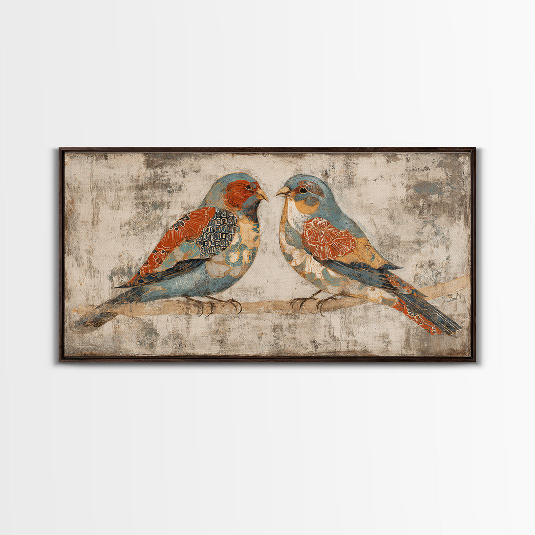 Boho Bird Pair Framed Canvas Print, Boho Art, Wall Decor, Living Room Decor, Fine Art, Bohemian, Art Nouveau, Abstract Art, BOH-2x1-40