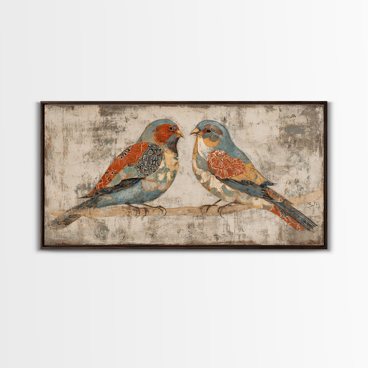 Boho Bird Pair Framed Canvas Print, Boho Art, Wall Decor, Living Room Decor, Fine Art, Bohemian, Art Nouveau, Abstract Art, BOH-2x1-40