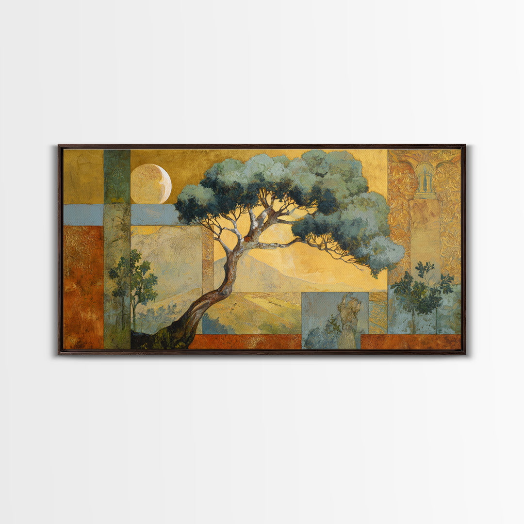 Sage Green Eucalyptus and Crescent Moon Framed Canvas Print, Boho Art, Digital Wall Art, Living Room Decor, Fine Art, Bohemian, BOH-2x1-43