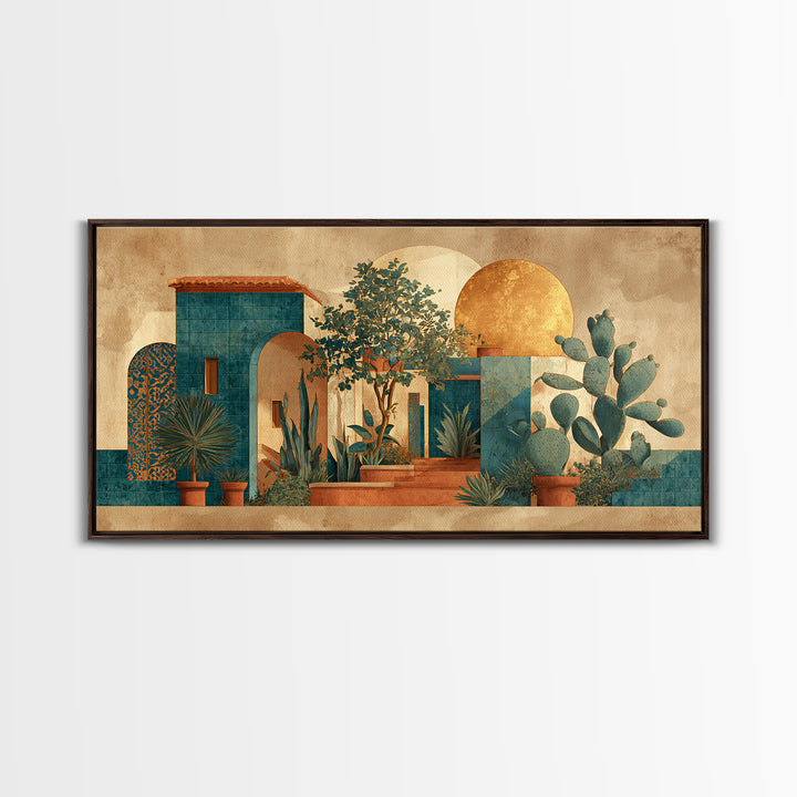 Desert Sun with Cactus and Warm Clay Framed Canvas Print, Boho Art, Printable Art, Living Room Decor, Oil Painting, Bohemian, BOH-2x1-45