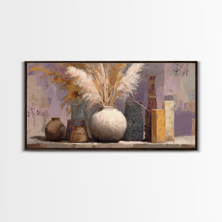 Bohemian Vase with Dried Pampas Grass Framed Canvas Print, Boho Art, Art Nouveau, Living Room Decor, Watercolor Art, Bohemian, BOH-2x1-5